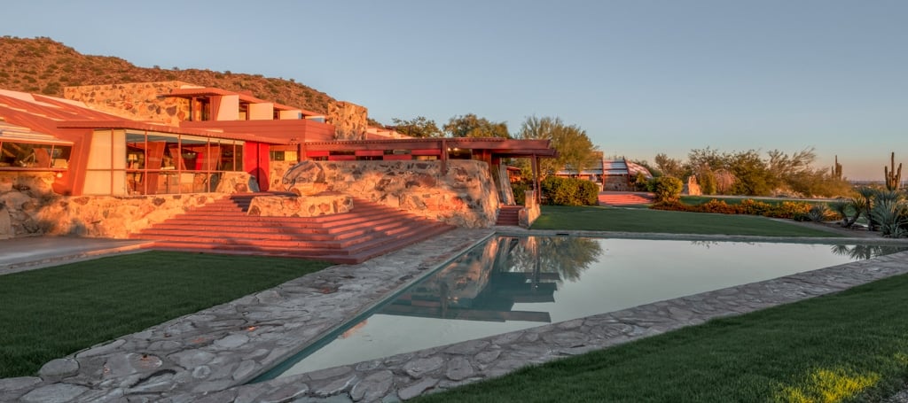 pool filled with water in front of the Prow at Taliesin West