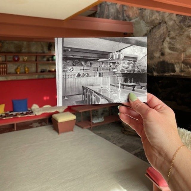 Dining Cove with view towards fireplace, ca. 1970’s. Photographer unknown. Frank Lloyd Wright Foundation Collections.