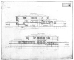 Architectural plan in Frank Lloyd Wright's Prairie Style, showcasing front and rear elevations with horizontal lines, flat or hipped roofs with broad overhanging eaves, windows grouped in horizontal bands, and integration with the landscape.