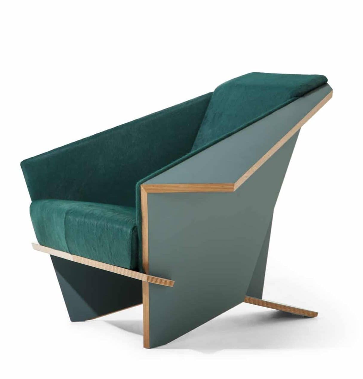 The Taliesin Origami Chair by Frank Lloyd Wright , 1949: A green-blue chair with a tan accent along the edge. 