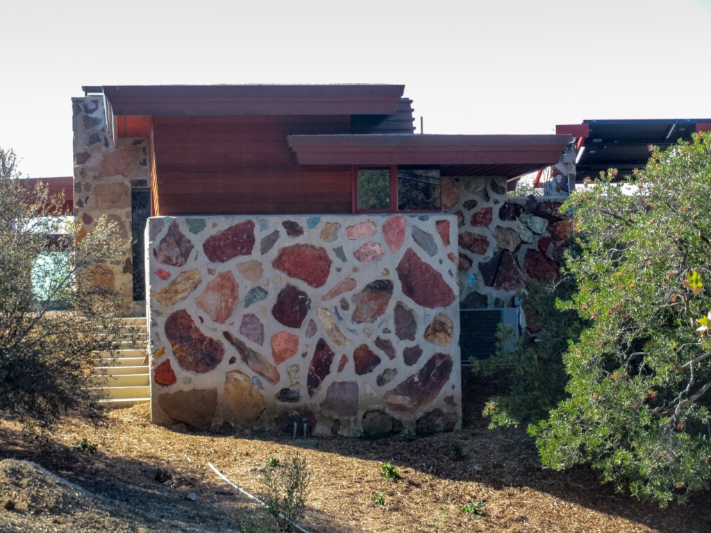 Oboler Gatehouse only use of Wright's desert rubblestone mason