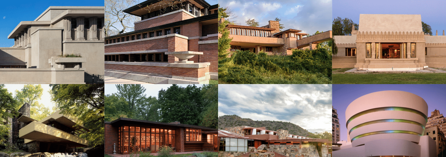 A collage of eight architectural works featuring horizontal lines, overhanging eaves, and integration with nature, characteristic of Frank Lloyd Wright's design style.