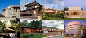 A collage of eight architectural works featuring horizontal lines, overhanging eaves, and integration with nature, characteristic of Frank Lloyd Wright's design style.