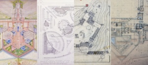 A composite image showing four different architectural drawings and blueprints of varying styles and complexity.
