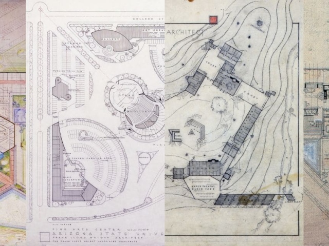 A composite image showing four different architectural drawings and blueprints of varying styles and complexity.