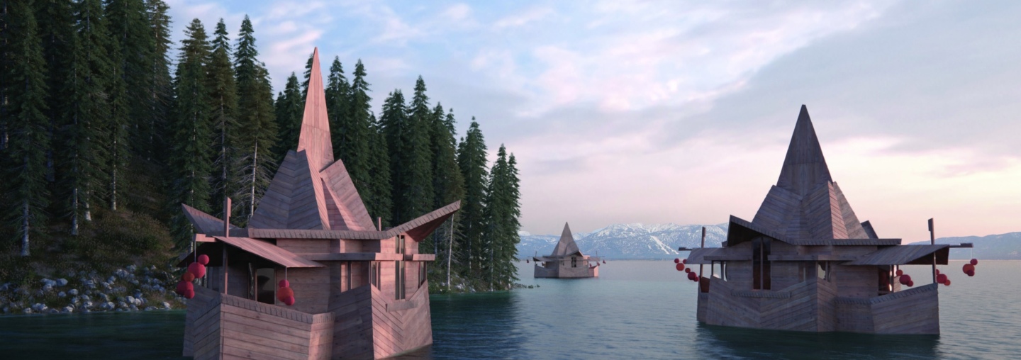 Rendering of floating cabins for the unbuilt Frank Lloyd Wright Lake Tahoe project by David Romero