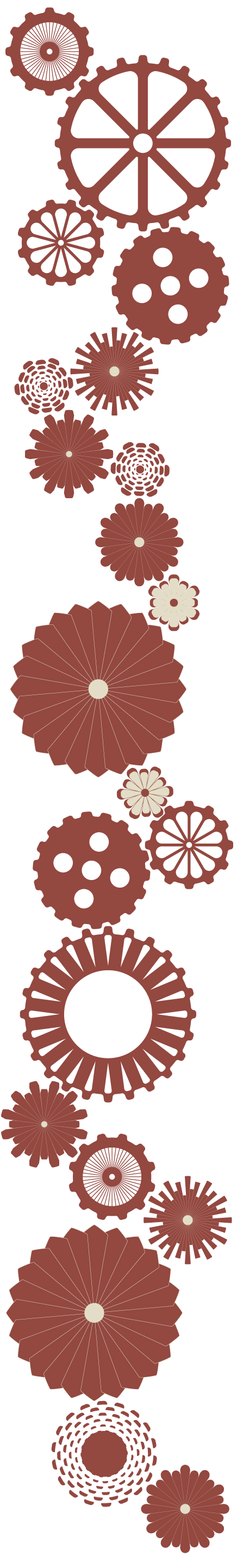 Illustrated cogs that vary in design between more organic and floral and more mechanical