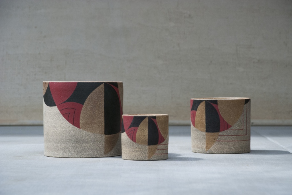 Ceramic planters by Pawena Studio, summer colorway with red and black