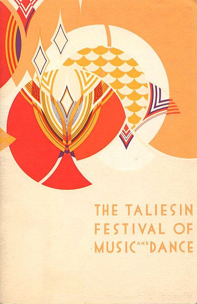 Vernon Swaback designed program for the Taliesin Festival of Music and Dance, circular design in reds, oranges, and yellows