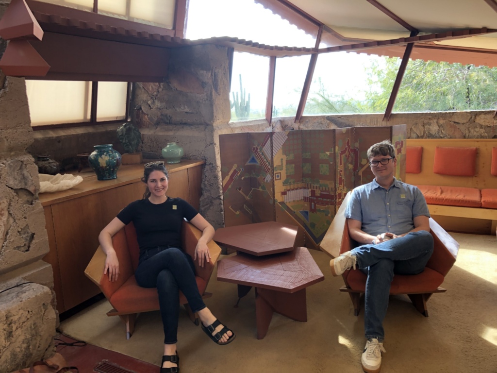 Rachel Minier and husband, Andrew Hathaway, in the Garden Room at Taliesin West in January 2019