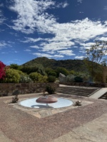 View of the McDowell mountains from Taliesin West with a fountain in the foreground