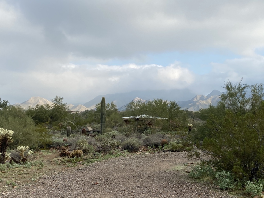 View of the McDowell mountain range from Taliesin West, capped with snow