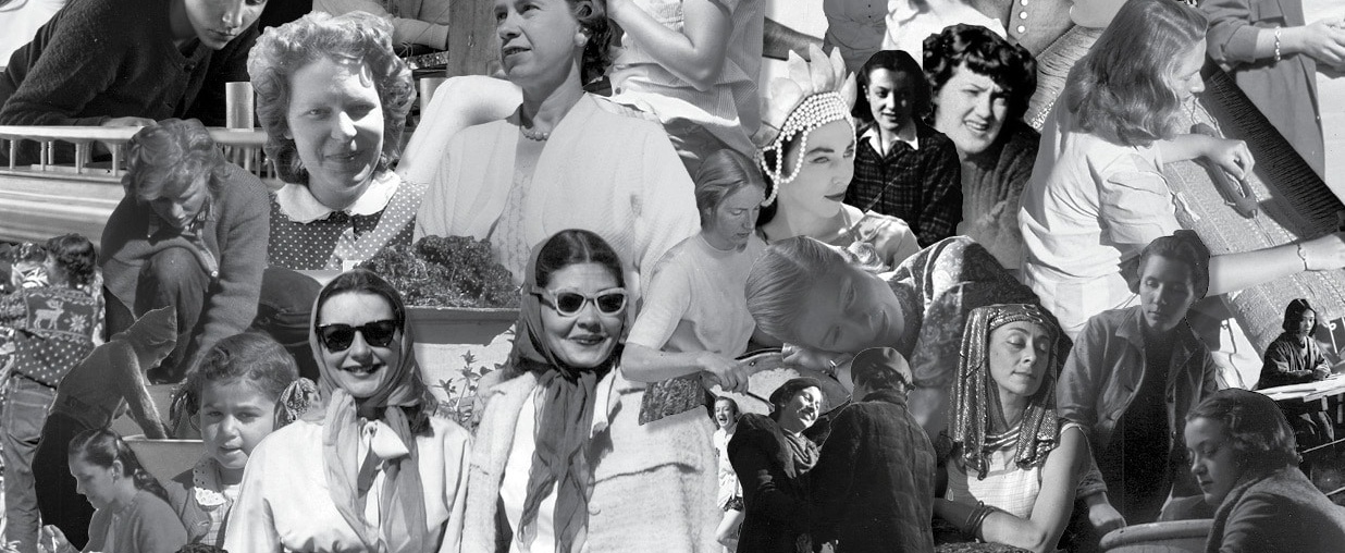 A collage of black and white photographs featuring various women from different eras. The images are arranged in an overlapping manner, showcasing women in diverse attire and poses, including some in professional settings and others in more casual or traditional costumes. The compilation suggests a historical perspective, highlighting the varied roles and influences of women associated with Frank Lloyd Wright.