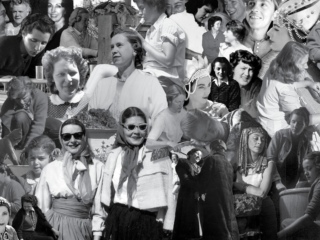 A collage of black and white photographs featuring various women from different eras. The images are arranged in an overlapping manner, showcasing women in diverse attire and poses, including some in professional settings and others in more casual or traditional costumes. The compilation suggests a historical perspective, highlighting the varied roles and influences of women associated with Frank Lloyd Wright.