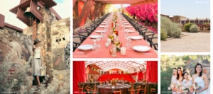 A collage of images from Taliesin West showcasing its unique architecture and event setup.