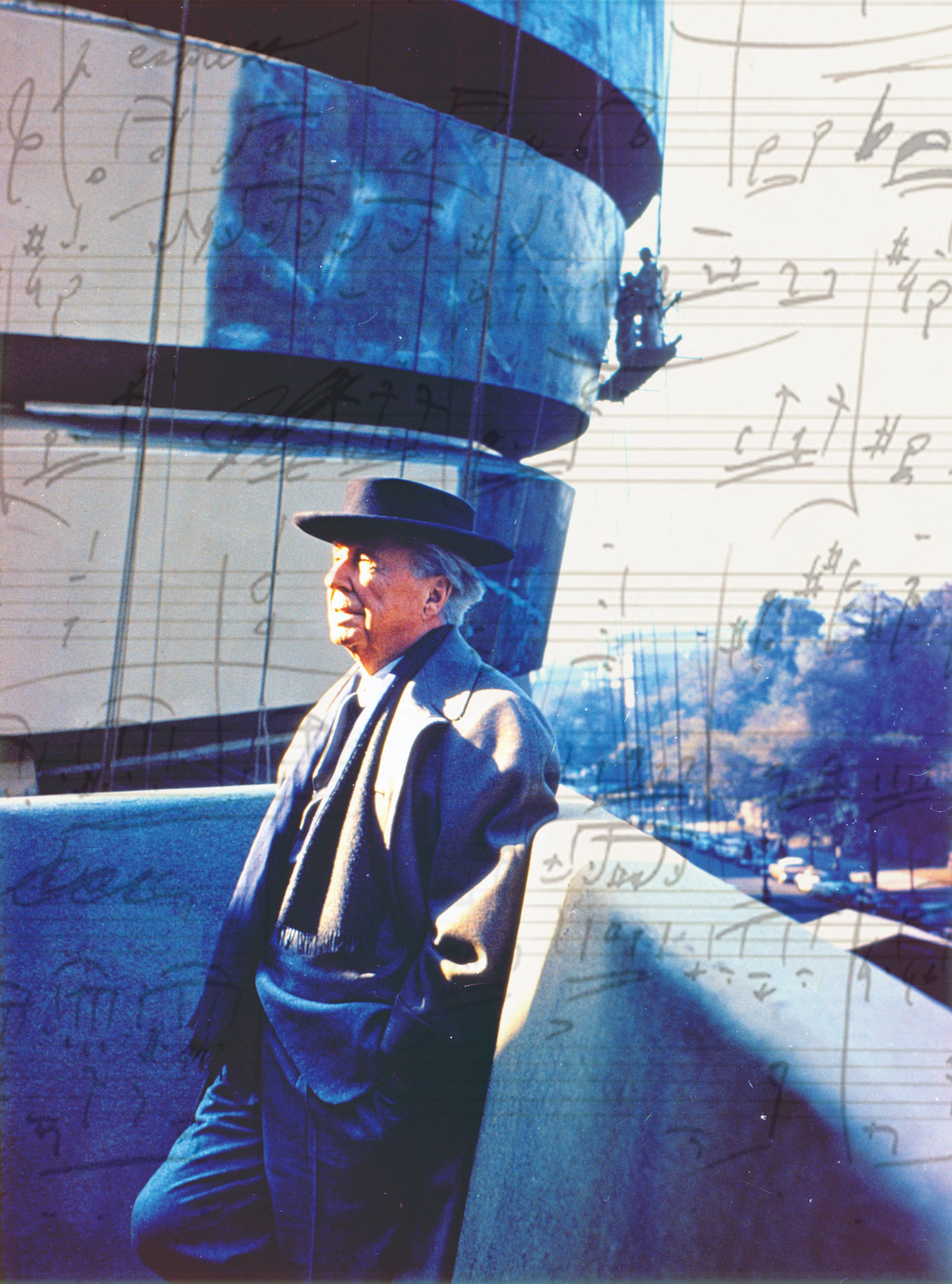 Sheet music by Palestrina overlays an image of Wright at the Guggenheim. Collage by Brie Flewelling.
