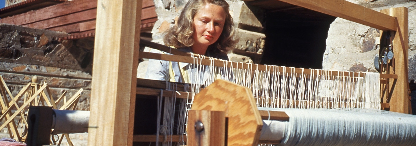Lois Davidson Gottlieb (apprentice 1948-1949) weaving on the loom at Taliesin West.