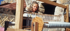 Lois Davidson Gottlieb (apprentice 1948-1949) weaving on the loom at Taliesin West.