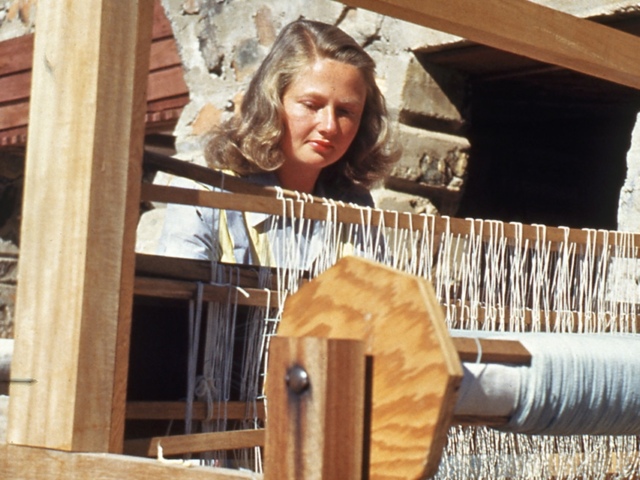 Lois Davidson Gottlieb (apprentice 1948-1949) weaving on the loom at Taliesin West.