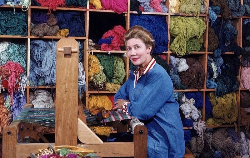 Liebes at her loom, via Decorative Arts Trust