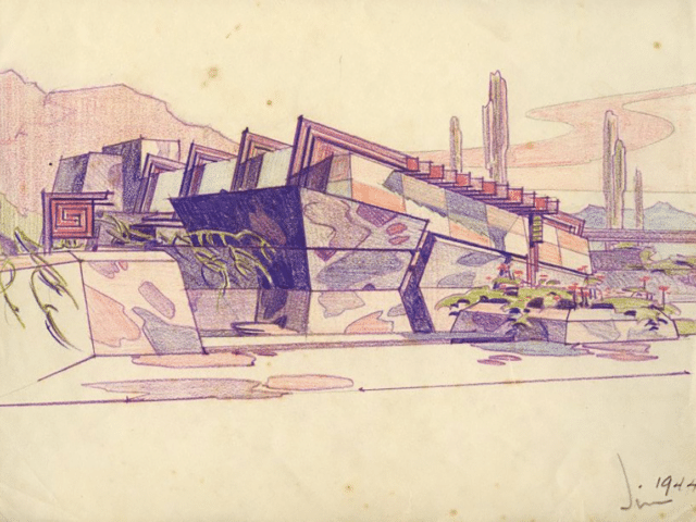 [Taliesin West by James Thomson, 1944, graphite pencil and colored pencil on paper, Frank Lloyd Wright Foundation Collection, 3803.209.]