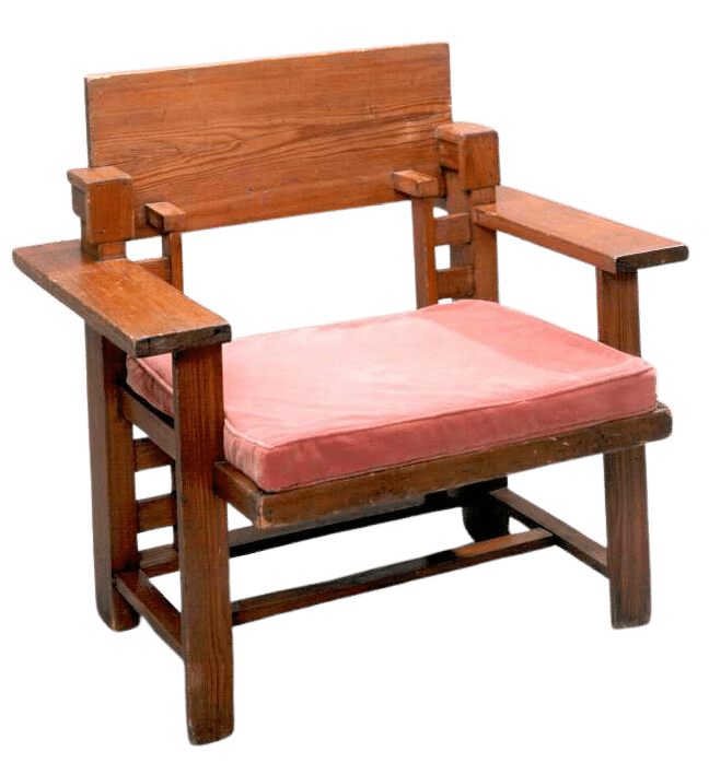 [Armchair, Frank Lloyd Wright (designer), 1916, wood and fabric, Frank Lloyd Wright Foundation Collection, 1403.106A.] 