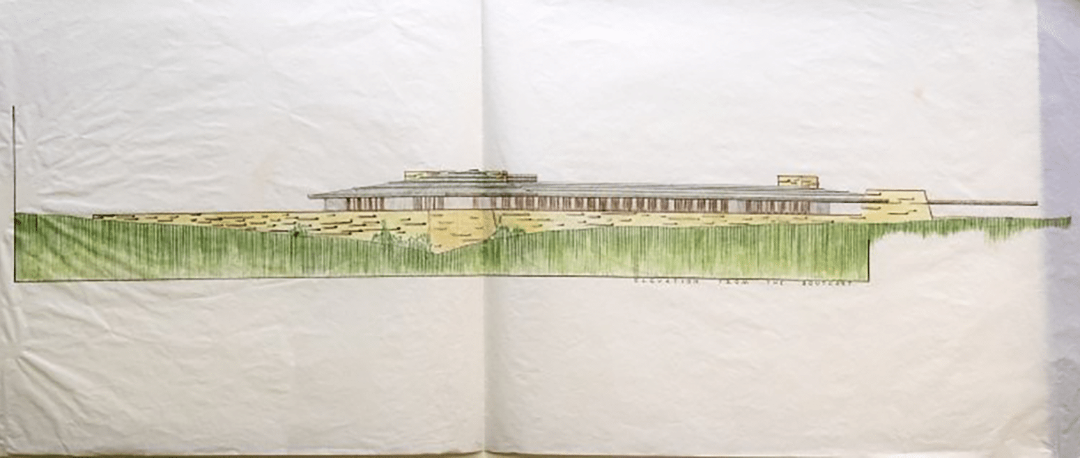 Richard Keding (United States, born 1939)Birthday Box 1959, House for a Wisconsin Hillside: Elevation from the Southeast, 1959 Graphite and colored pencil on tracing paper, 18 x 48 inches Collection of the Frank Lloyd Wright Foundation, 2020.003.15