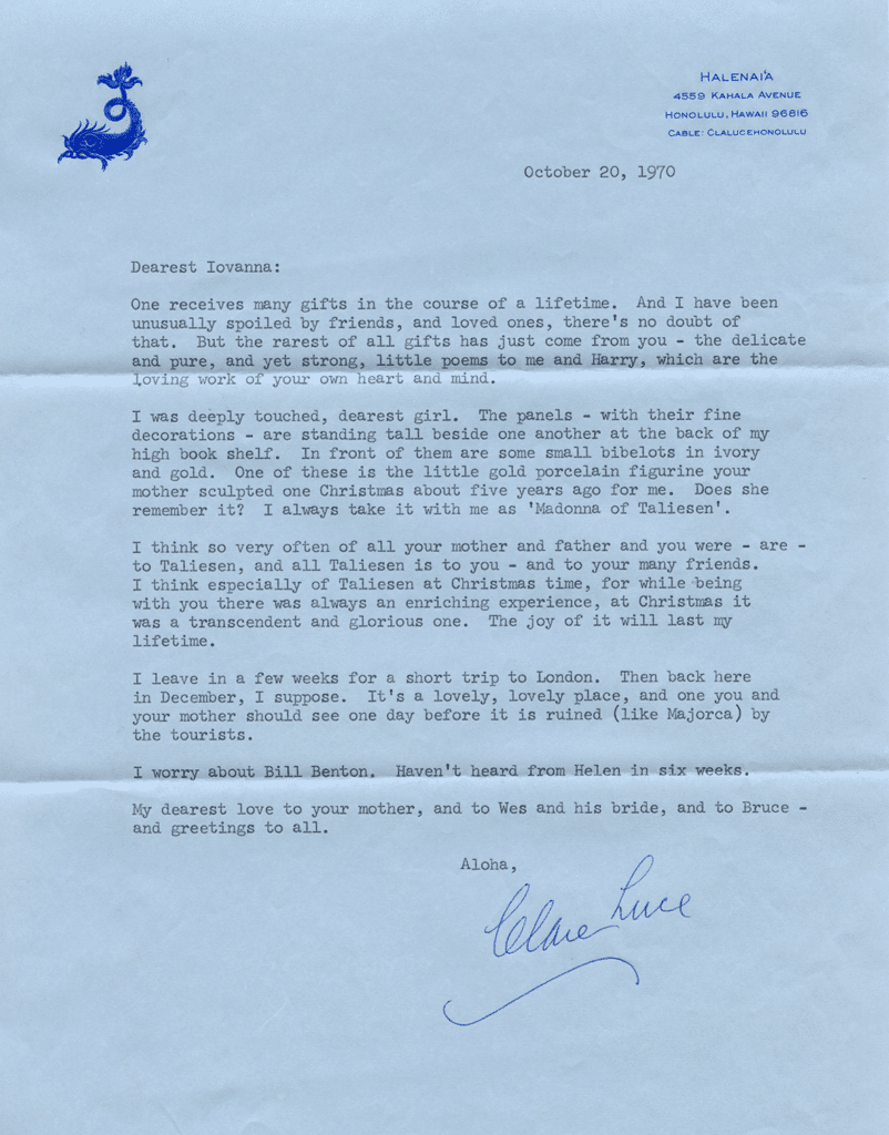 Letter from Clare Booth Luce to Iovanna Lloyd Wright, October 20, 1970, Frank Lloyd Wright Foundation Collection.