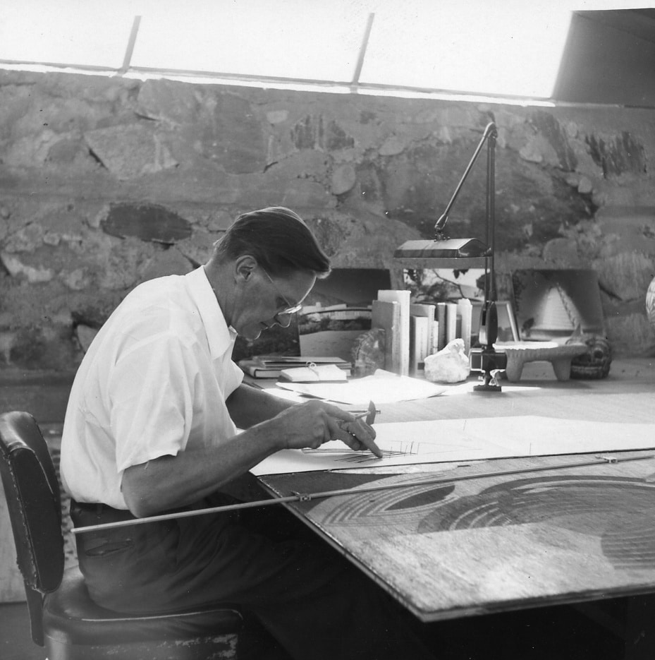 Eugene "Gene" Masselink working on a mural in Frank Lloyd Wright's Taliesin West's office, April 1960.