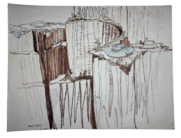 Alfred “Alfie” Bush (United States, 1917-2002) Happy Birthday, 1953-1958 Ink and colored pencil on tracing paper, 13 ¾ x 18 inches Collection of the Frank Lloyd Wright Foundation, 2020.022.8
