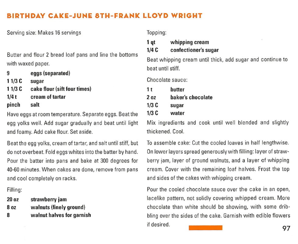 Wright's favorite cake recipe card