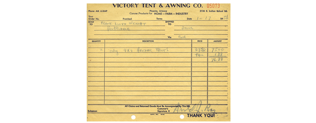 Receipt for sheepherder tents, 1956, Frank Lloyd Wright Foundation Collection.