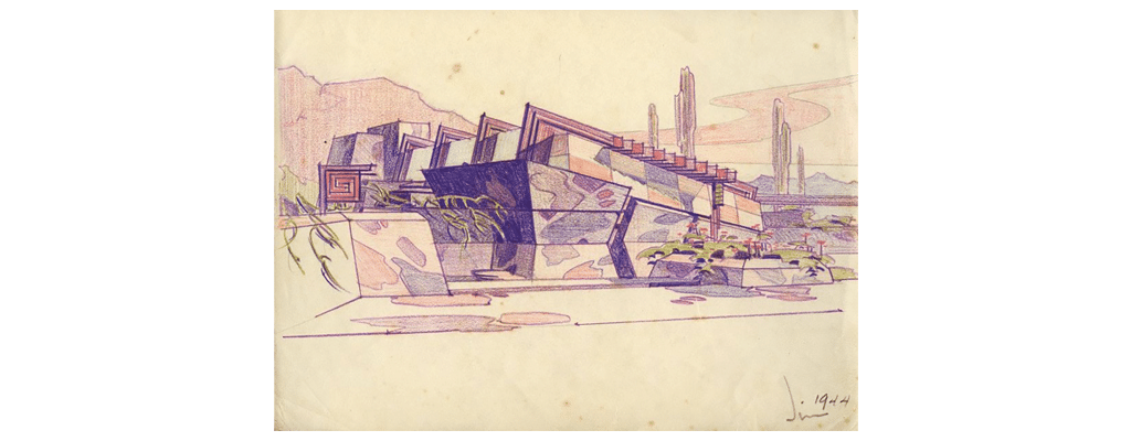 [Taliesin West by James Thomson, 1944, graphite pencil and colored pencil on paper, Frank Lloyd Wright Foundation Collection, 3803.209.]