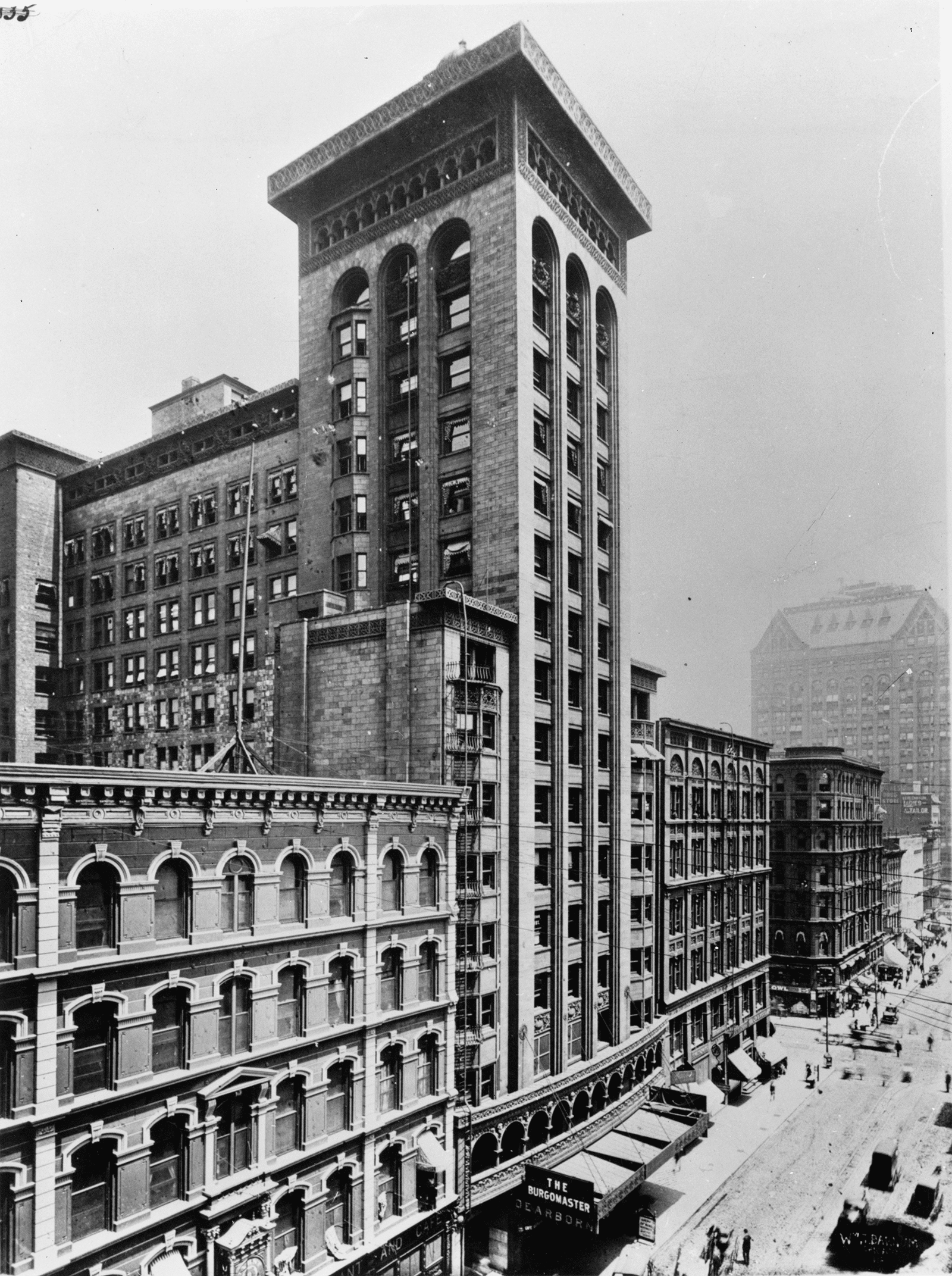 The Garrick Theater Building was designed by Louis Sullivan and Dankmar Adler of the firm Adler & Sullivan for the German Opera Company. Original LOC image description: 7. Historic American Buildings Survey PHOTOCOPY OF PHOTOGRAPH C.1900 - Schiller Building, 64 West Randolph Street, Chicago, Cook County, IL