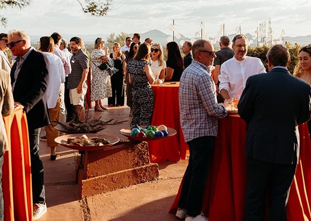 visitors enjoying a sunset evening on the prow at Taliesin West