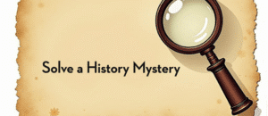 magnifying glass on parchment paper with the words solve a history mystery in black text