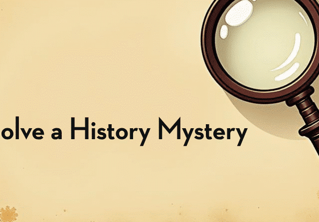 magnifying glass on parchment paper with the words solve a history mystery in black text