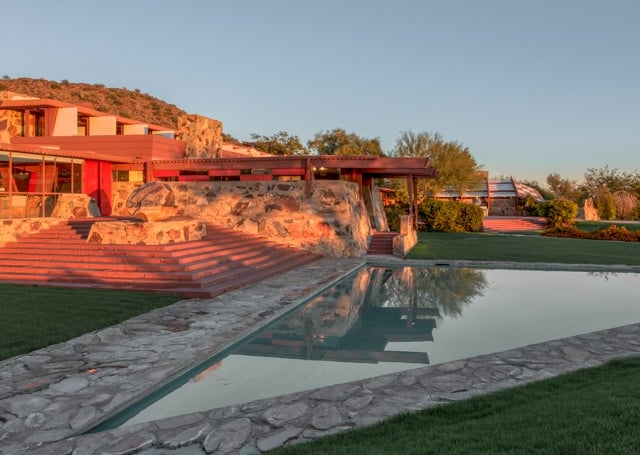 pool filled with water in front of the Prow at Taliesin West