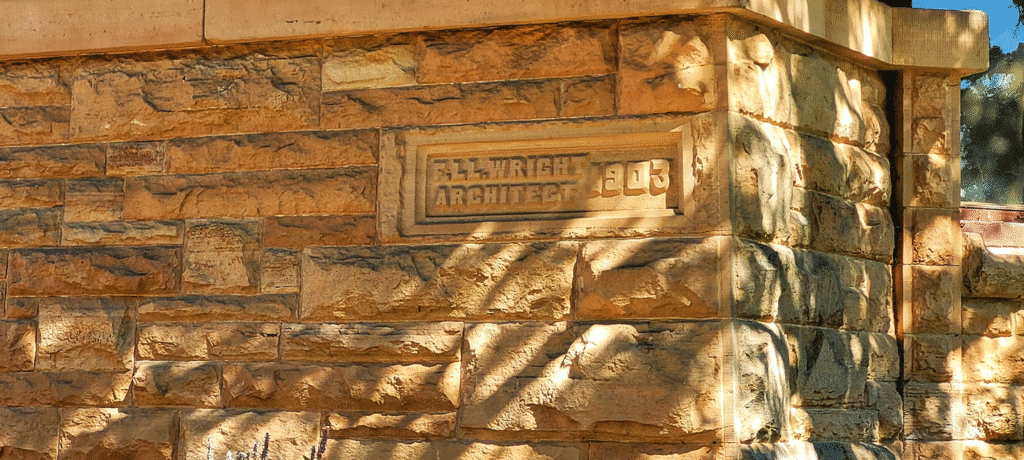 Hillside cornerston with incription FLL. Wright Architect 1903