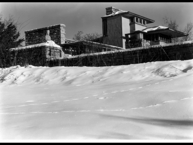 A Chinese Guanyin statue in the snow, ca. 1940, photograph by Edmund Teske. Frank Lloyd Wright Foundation Archives (Avery Architectural Library at Columbia University and the Museum of Modern Art) 2501.1027.