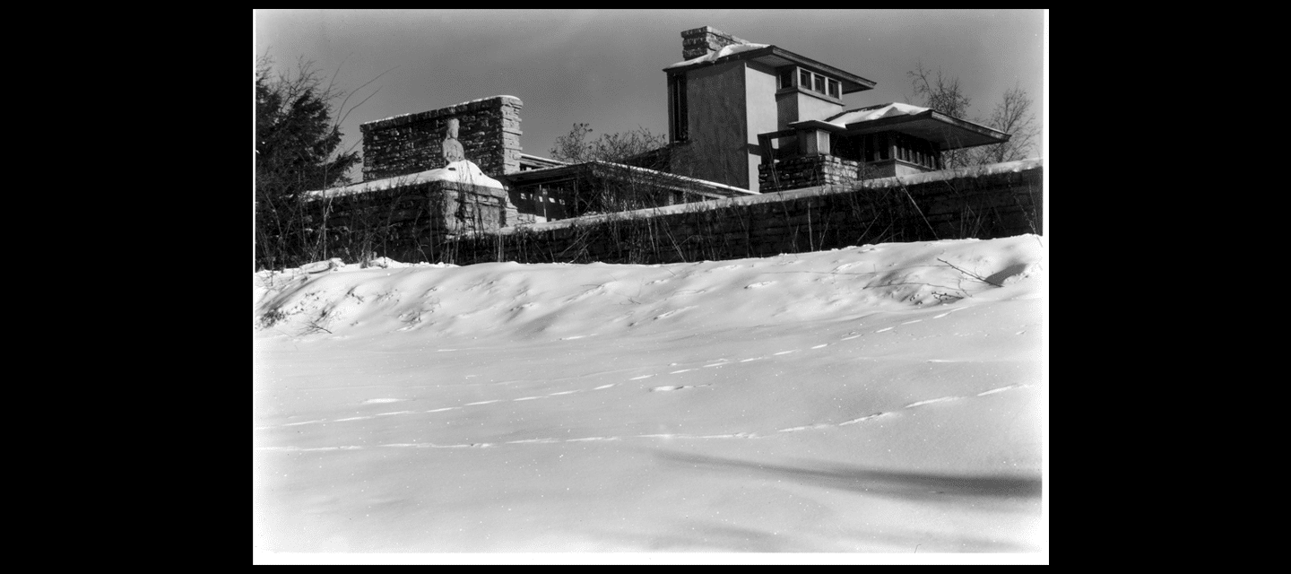 A Chinese Guanyin statue in the snow, ca. 1940, photograph by Edmund Teske. Frank Lloyd Wright Foundation Archives (Avery Architectural Library at Columbia University and the Museum of Modern Art) 2501.1027.