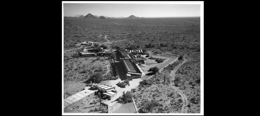 Photo Credit: Aerial view of Taliesin West, November 24, 1949. Photograph courtesy Herb and Dorothy McLaughlin Photograph Collection, Greater Arizona Collection, Arizona State University Library.