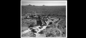 Photo Credit: Aerial view of Taliesin West, November 24, 1949. Photograph courtesy Herb and Dorothy McLaughlin Photograph Collection, Greater Arizona Collection, Arizona State University Library.