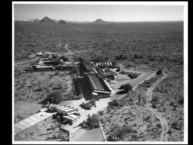 Photo Credit: Aerial view of Taliesin West, November 24, 1949. Photograph courtesy Herb and Dorothy McLaughlin Photograph Collection, Greater Arizona Collection, Arizona State University Library.