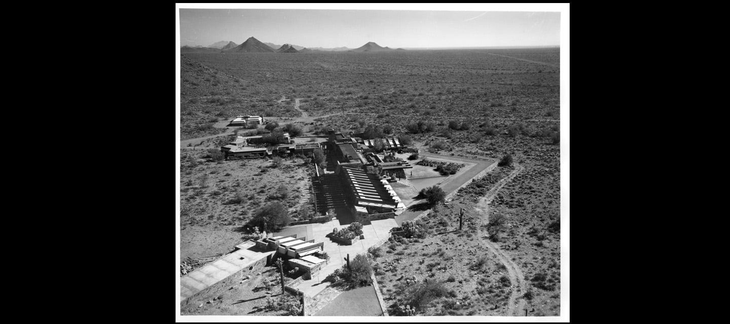Photo Credit: Aerial view of Taliesin West, November 24, 1949. Photograph courtesy Herb and Dorothy McLaughlin Photograph Collection, Greater Arizona Collection, Arizona State University Library.