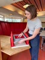 Barron explaining the new panel system designed by harboe architects, using 3D printed model by 180 degrees design + build. Modeling and printing done by Guillaume Evain and Evan Emery.
