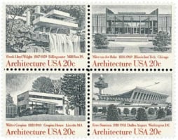 A block of four 20-cent commemorative stamps featuring significant example of American architecture was issued September 30, 1982 in Washington, DC