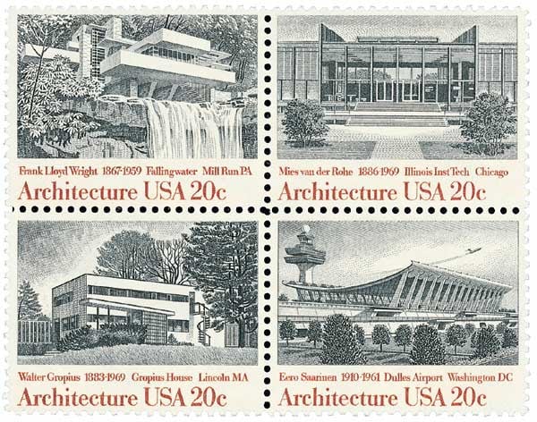 A block of four 20-cent commemorative stamps featuring significant example of American architecture was issued September 30, 1982 in Washington, DC